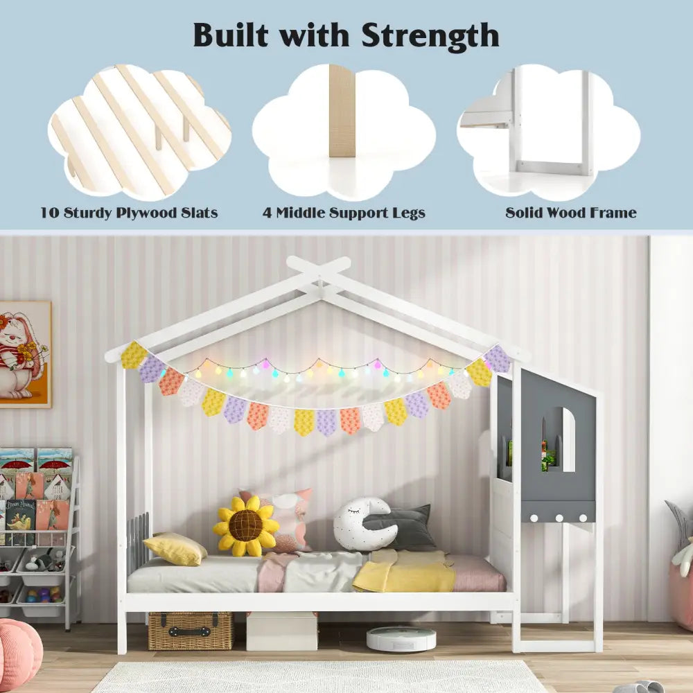 Twin/Full Bed Frame with House Roof Canopy and Fence for Kids-Twin Size - White - Toddler Beds