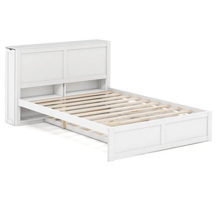 Twin/Full Kids Wooden Platform Bed with Trundle Storage Headboard-Full Size - White - Simple Bed Frame