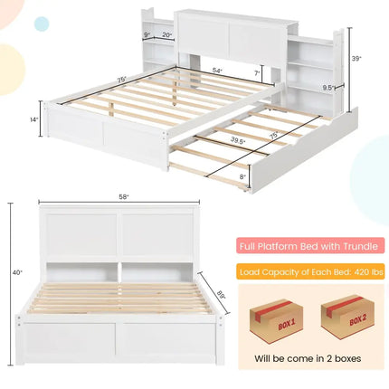 Twin/Full Kids Wooden Platform Bed with Trundle Storage Headboard-Full Size - White - Simple Bed Frame