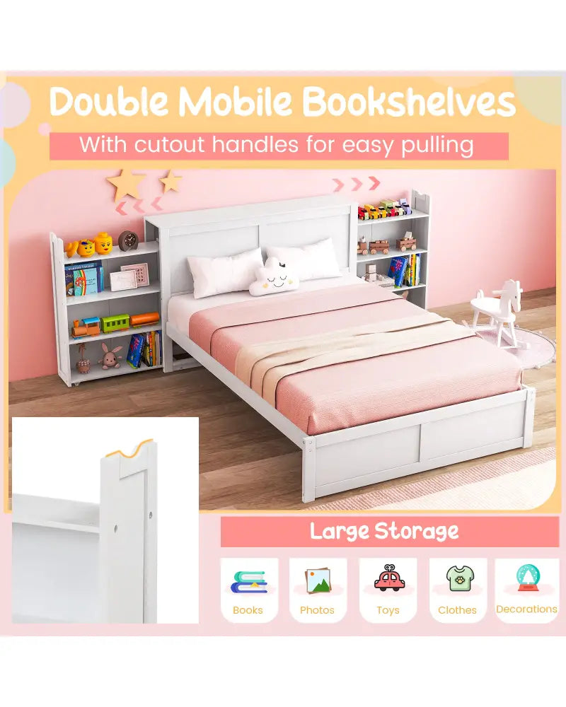 Twin/Full Kids Wooden Platform Bed with Trundle Storage Headboard-Full Size - White - Simple Bed Frame