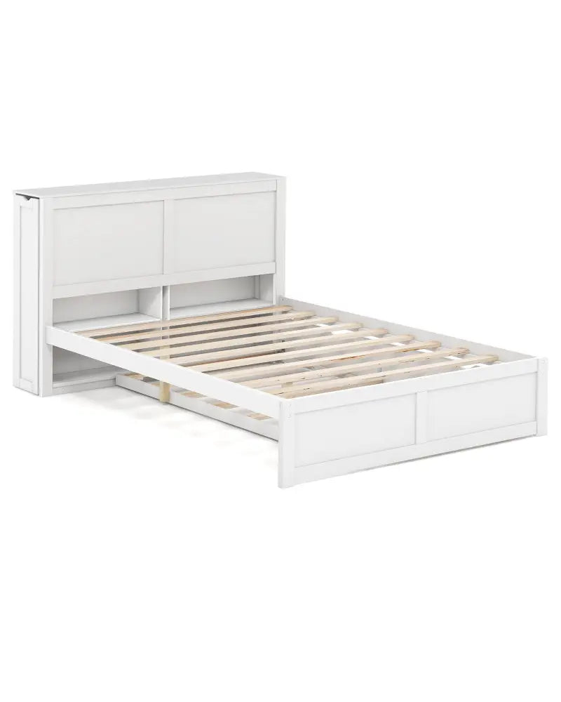 Twin/Full Kids Wooden Platform Bed with Trundle Storage Headboard-Full Size - White - Simple Bed Frame