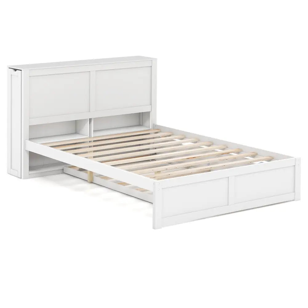 Twin/Full Kids Wooden Platform Bed with Trundle Storage Headboard-Full Size - White - Simple Bed Frame