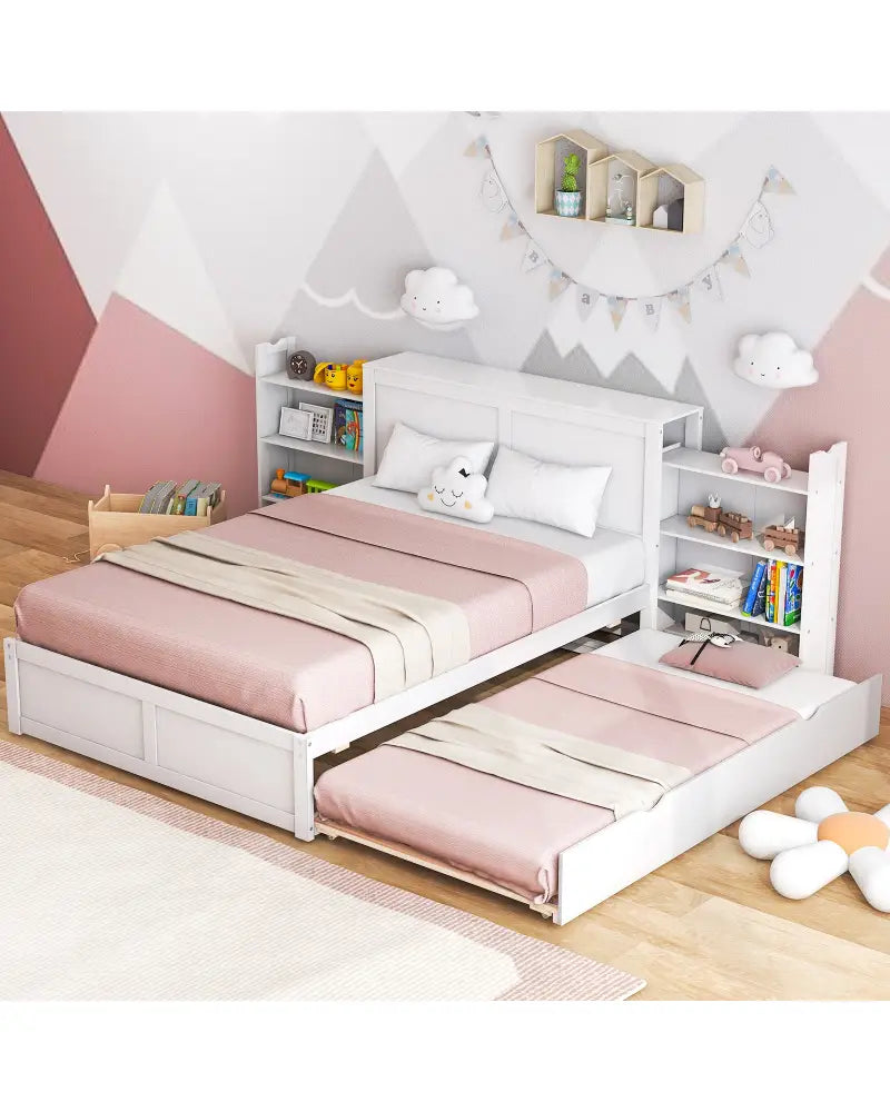 Twin/Full Kids Wooden Platform Bed with Trundle Storage Headboard-Full Size - White - Simple Bed Frame