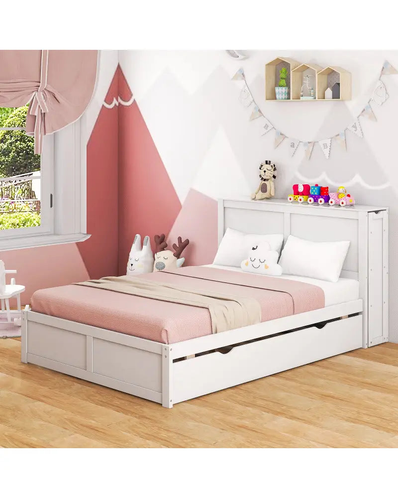 Twin/Full Kids Wooden Platform Bed with Trundle Storage Headboard-Full Size - White - Simple Bed Frame