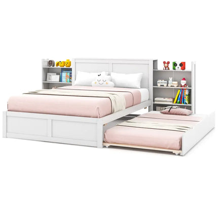 Twin/Full Kids Wooden Platform Bed with Trundle Storage Headboard-Full Size - White - Simple Bed Frame