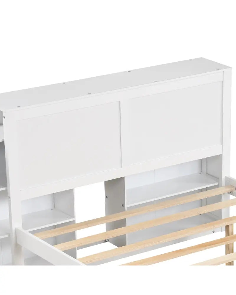Twin/Full Kids Wooden Platform Bed with Trundle Storage Headboard-Full Size - White - Simple Bed Frame