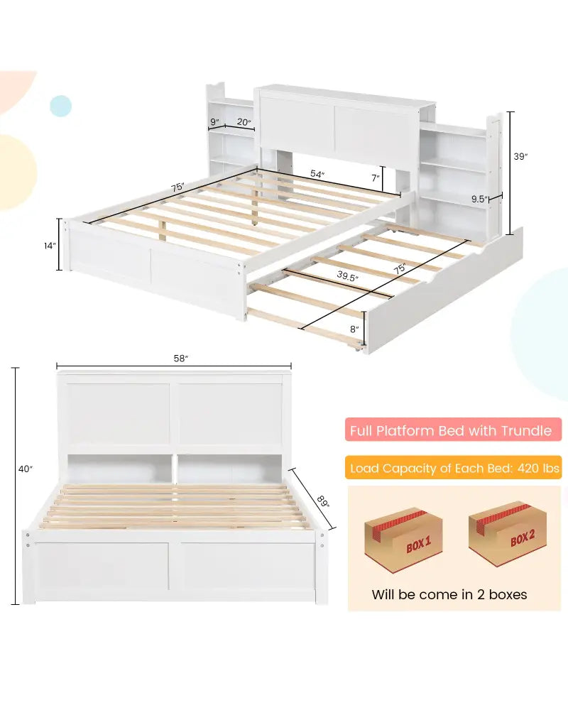 Twin/Full Kids Wooden Platform Bed with Trundle Storage Headboard-Full Size - White - Simple Bed Frame