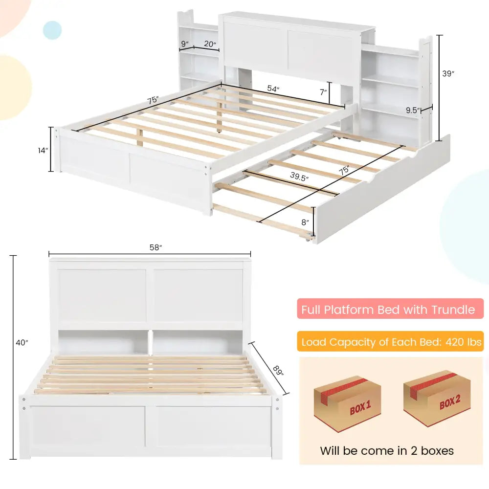 Twin/Full Kids Wooden Platform Bed with Trundle Storage Headboard-Full Size - White - Simple Bed Frame