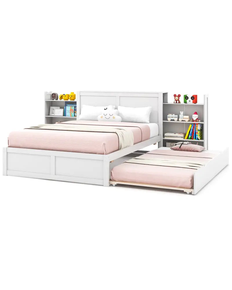 Twin/Full Kids Wooden Platform Bed with Trundle Storage Headboard-Full Size - White - Simple Bed Frame