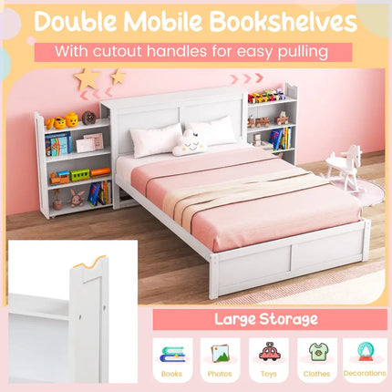 Twin/Full Kids Wooden Platform Bed with Trundle Storage Headboard-Full Size - White - Simple Bed Frame