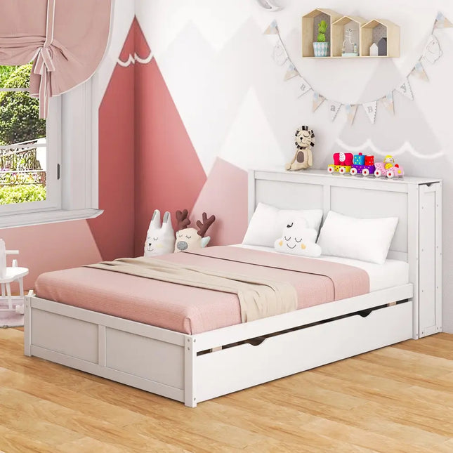 Twin/Full Kids Wooden Platform Bed with Trundle Storage Headboard-Full Size - White - Simple Bed Frame