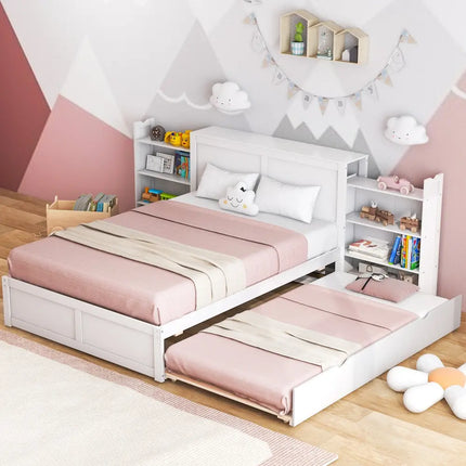 Twin/Full Kids Wooden Platform Bed with Trundle Storage Headboard-Full Size - White - Simple Bed Frame