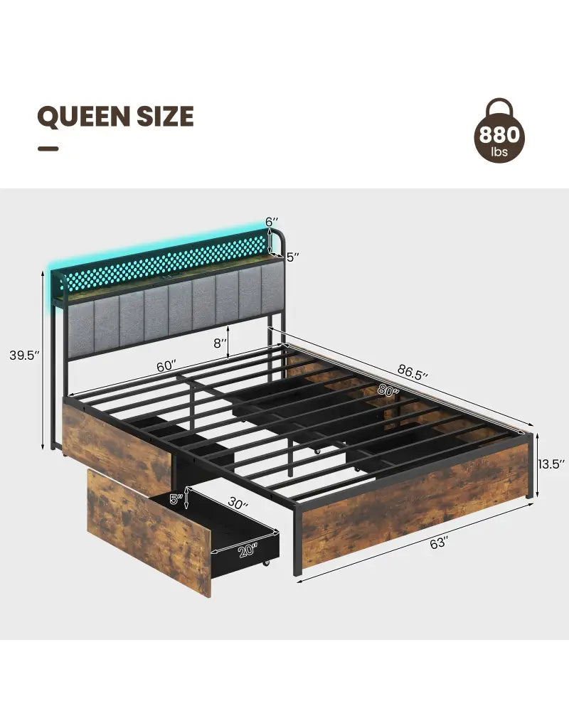 Twin/Full/Queen Bed Frame with LED Lights Upholstered Headboard and 4 Storage Drawers-Queen Size - Simple Bed Frame