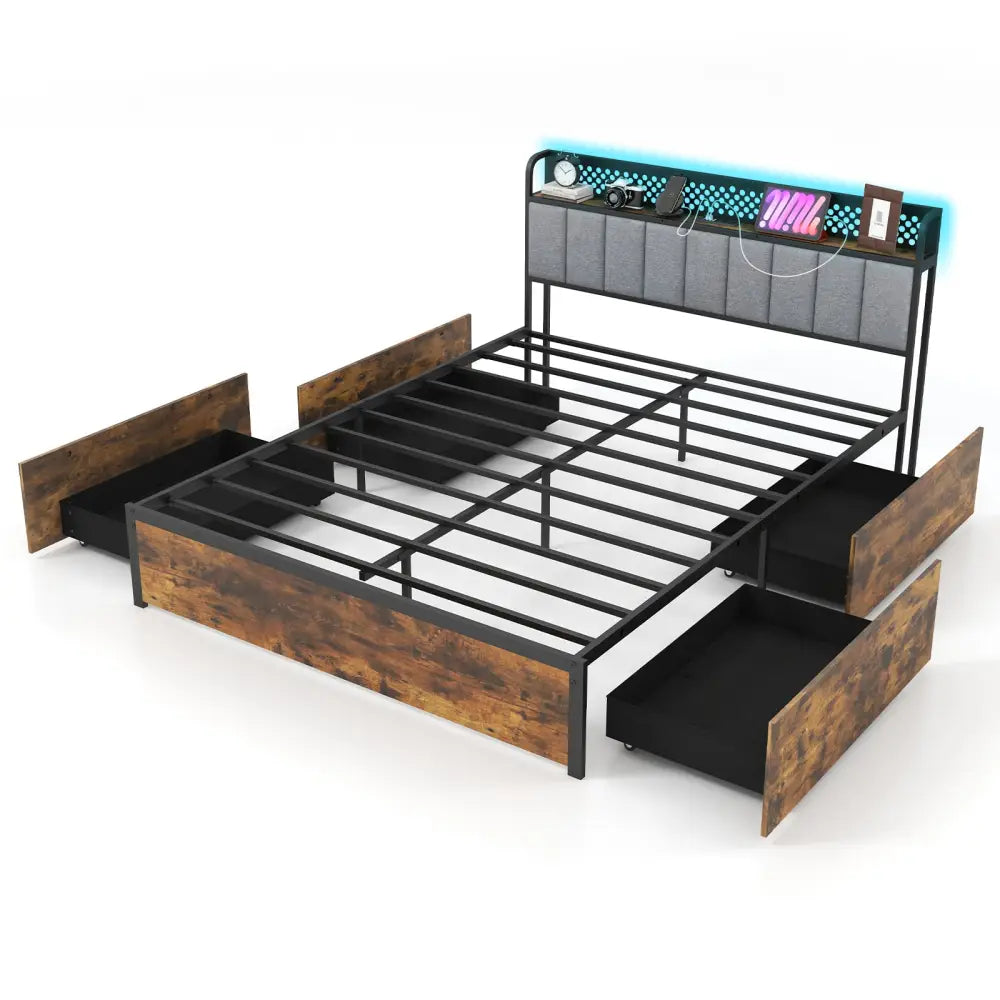 Twin/Full/Queen Bed Frame with LED Lights Upholstered Headboard and 4 Storage Drawers-Queen Size - Simple Bed Frame