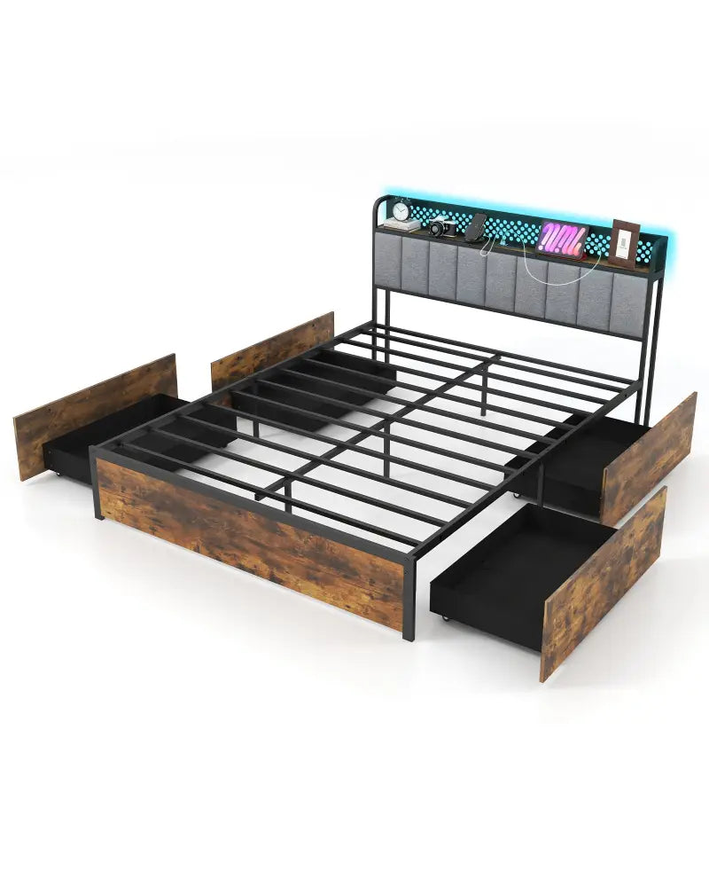Twin/Full/Queen Bed Frame with LED Lights Upholstered Headboard and 4 Storage Drawers-Queen Size - Simple Bed Frame