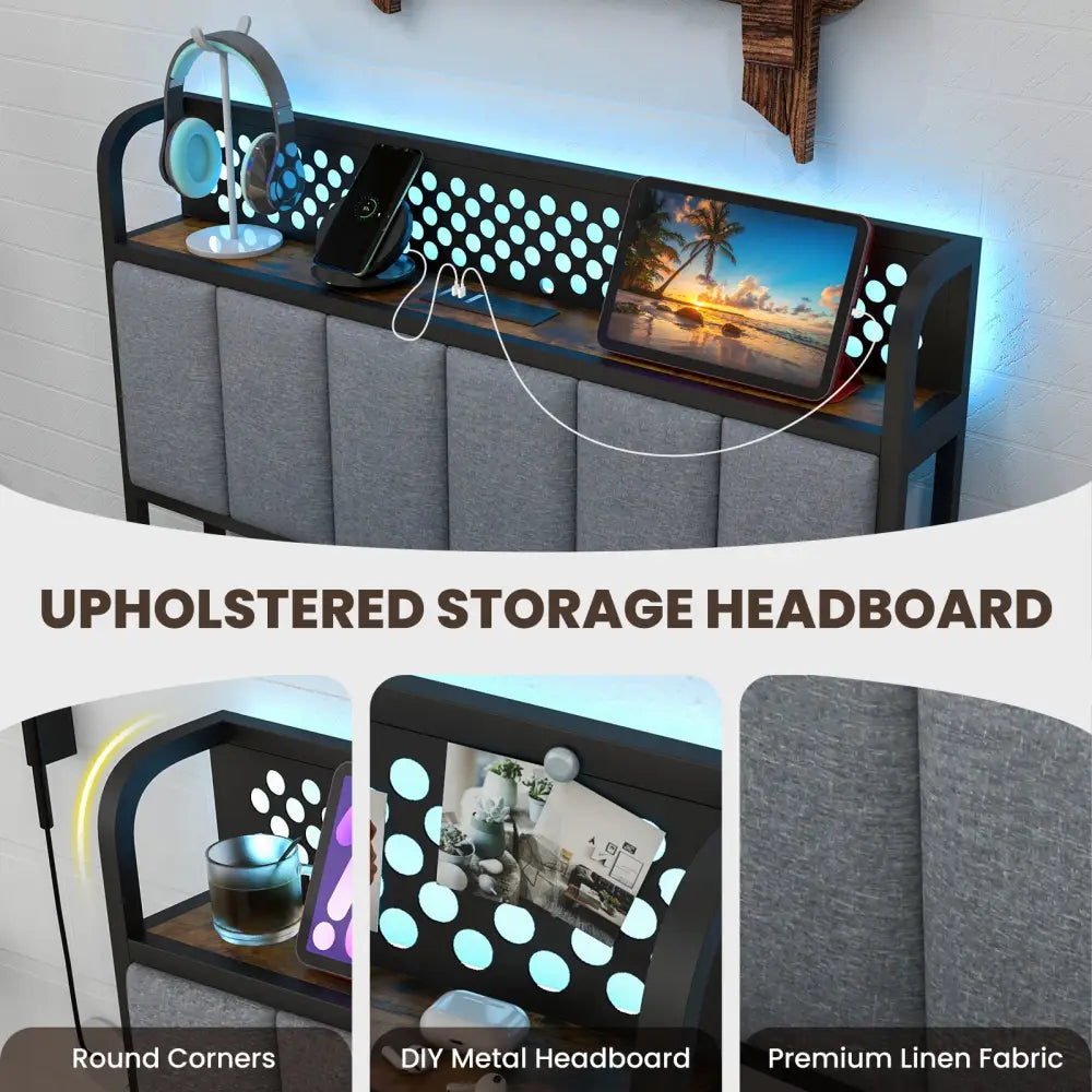 Twin/Full/Queen Bed Frame with LED Lights Upholstered Headboard and 4 Storage Drawers-Twin size - Simple Bed Frame
