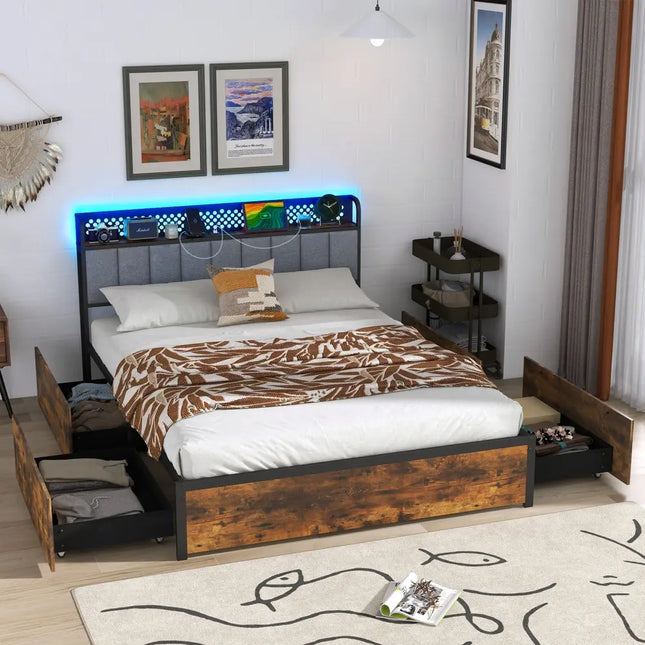 Twin/Full/Queen Bed Frame with LED Lights Upholstered Headboard and 4 Storage Drawers-Queen Size - Simple Bed Frame