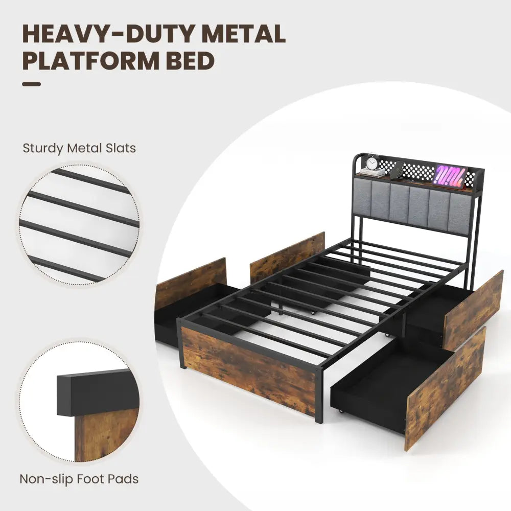 Twin/Full/Queen Bed Frame with LED Lights Upholstered Headboard and 4 Storage Drawers-Twin size - Simple Bed Frame