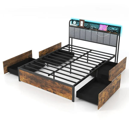 Twin/Full/Queen Bed Frame with LED Lights Upholstered Headboard and 4 Storage Drawers-Full Size - Simple Bed Frame