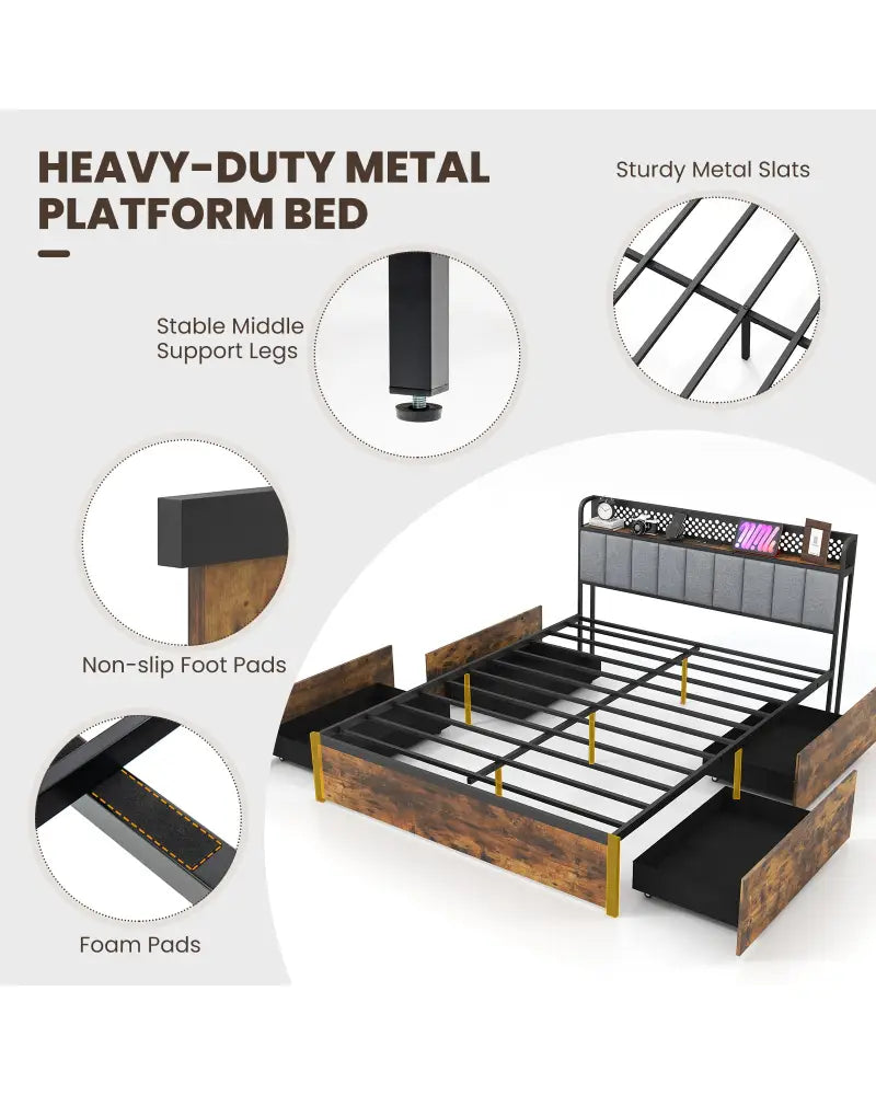 Twin/Full/Queen Bed Frame with LED Lights Upholstered Headboard and 4 Storage Drawers-Queen Size - Simple Bed Frame