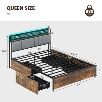 Twin/Full/Queen Bed Frame with LED Lights Upholstered Headboard and 4 Storage Drawers-Queen Size - Simple Bed Frame