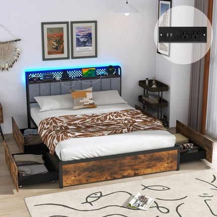 Twin/Full/Queen Bed Frame with LED Lights Upholstered Headboard and 4 Storage Drawers-Full Size - Simple Bed Frame