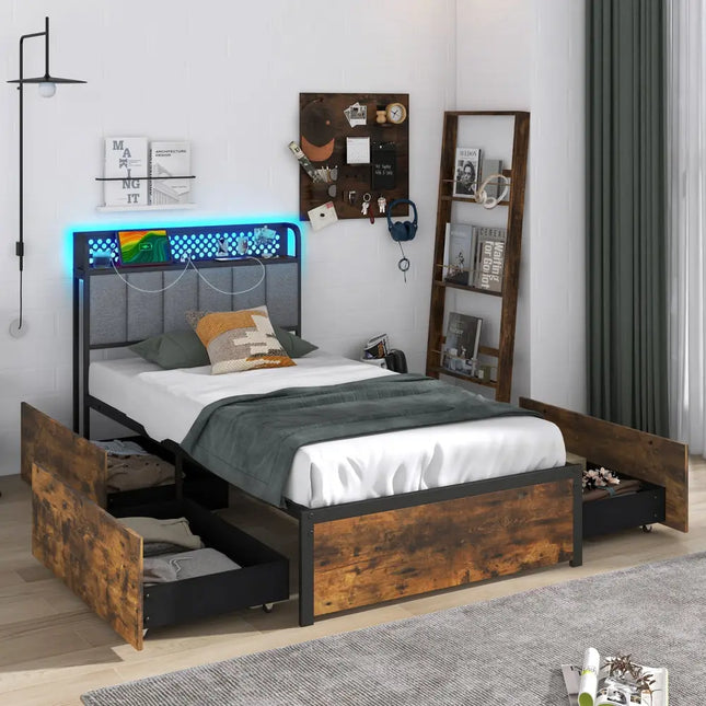 Twin/Full/Queen Bed Frame with LED Lights Upholstered Headboard and 4 Storage Drawers-Twin size - Simple Bed Frame