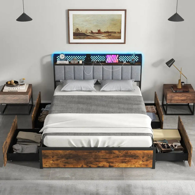 Twin/Full/Queen Bed Frame with LED Lights Upholstered Headboard and 4 Storage Drawers-Full Size - Simple Bed Frame