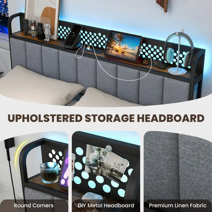 Twin/Full/Queen Bed Frame with LED Lights Upholstered Headboard and 4 Storage Drawers-Queen Size - Simple Bed Frame
