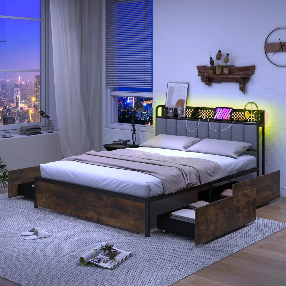 Twin/Full/Queen Bed Frame with LED Lights Upholstered Headboard and 4 Storage Drawers-Queen Size - Simple Bed Frame