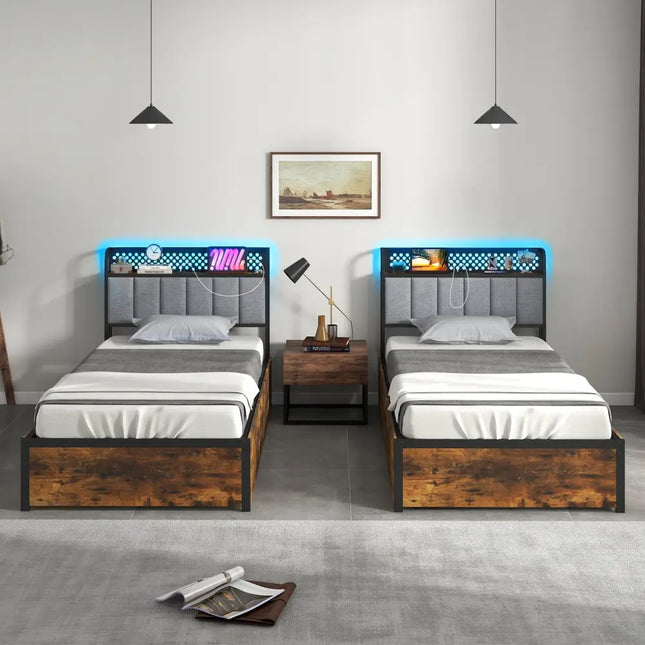 Twin/Full/Queen Bed Frame with LED Lights Upholstered Headboard and 4 Storage Drawers-Twin size - Simple Bed Frame