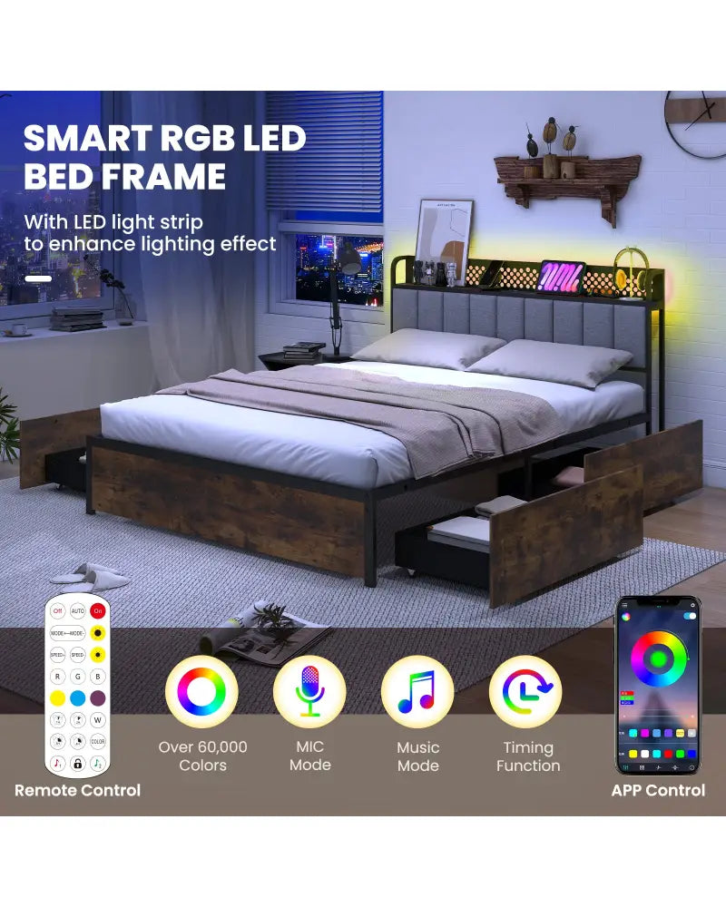 Twin/Full/Queen Bed Frame with LED Lights Upholstered Headboard and 4 Storage Drawers-Full Size - Simple Bed Frame