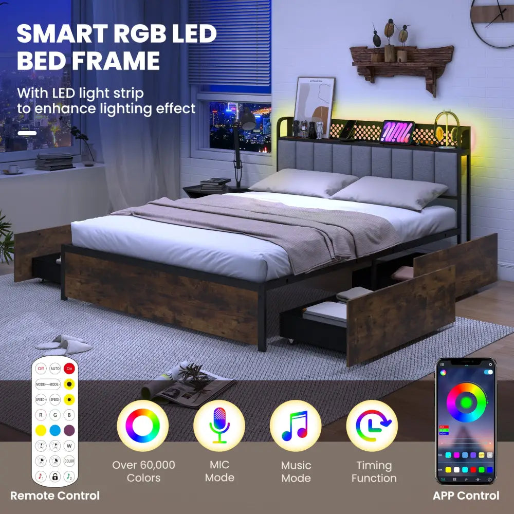 Twin/Full/Queen Bed Frame with LED Lights Upholstered Headboard and 4 Storage Drawers-Full Size - Simple Bed Frame