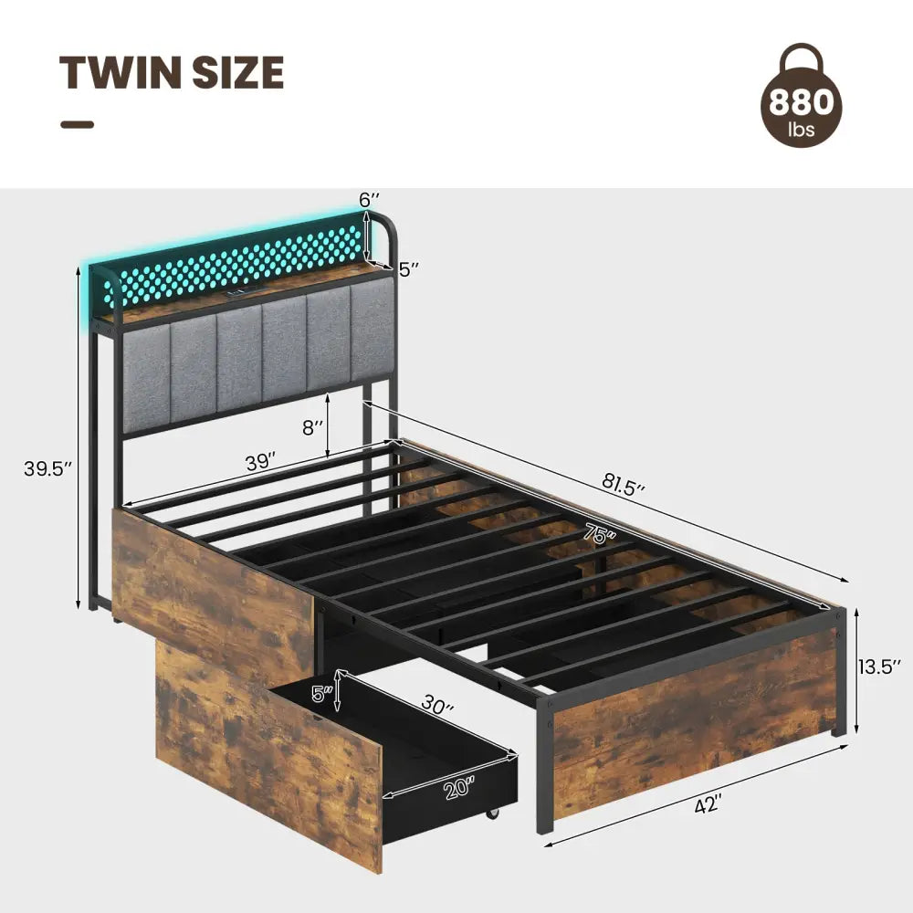Twin/Full/Queen Bed Frame with LED Lights Upholstered Headboard and 4 Storage Drawers-Twin size - Simple Bed Frame