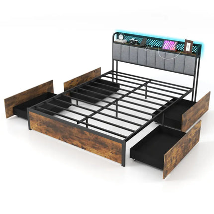 Twin/Full/Queen Bed Frame with LED Lights Upholstered Headboard and 4 Storage Drawers-Queen Size - Simple Bed Frame