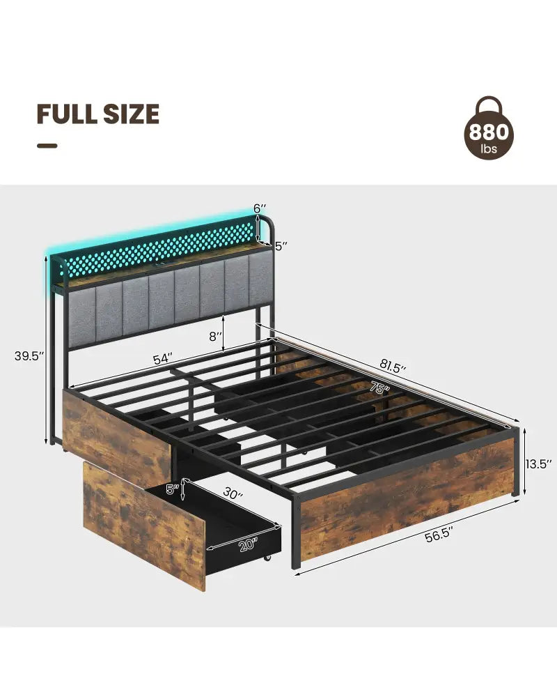Twin/Full/Queen Bed Frame with LED Lights Upholstered Headboard and 4 Storage Drawers-Full Size - Simple Bed Frame