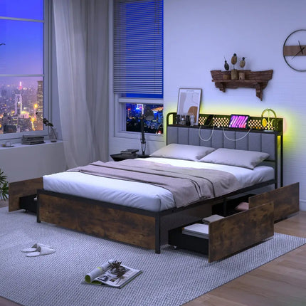 Twin/Full/Queen Bed Frame with LED Lights Upholstered Headboard and 4 Storage Drawers-Full Size - Simple Bed Frame