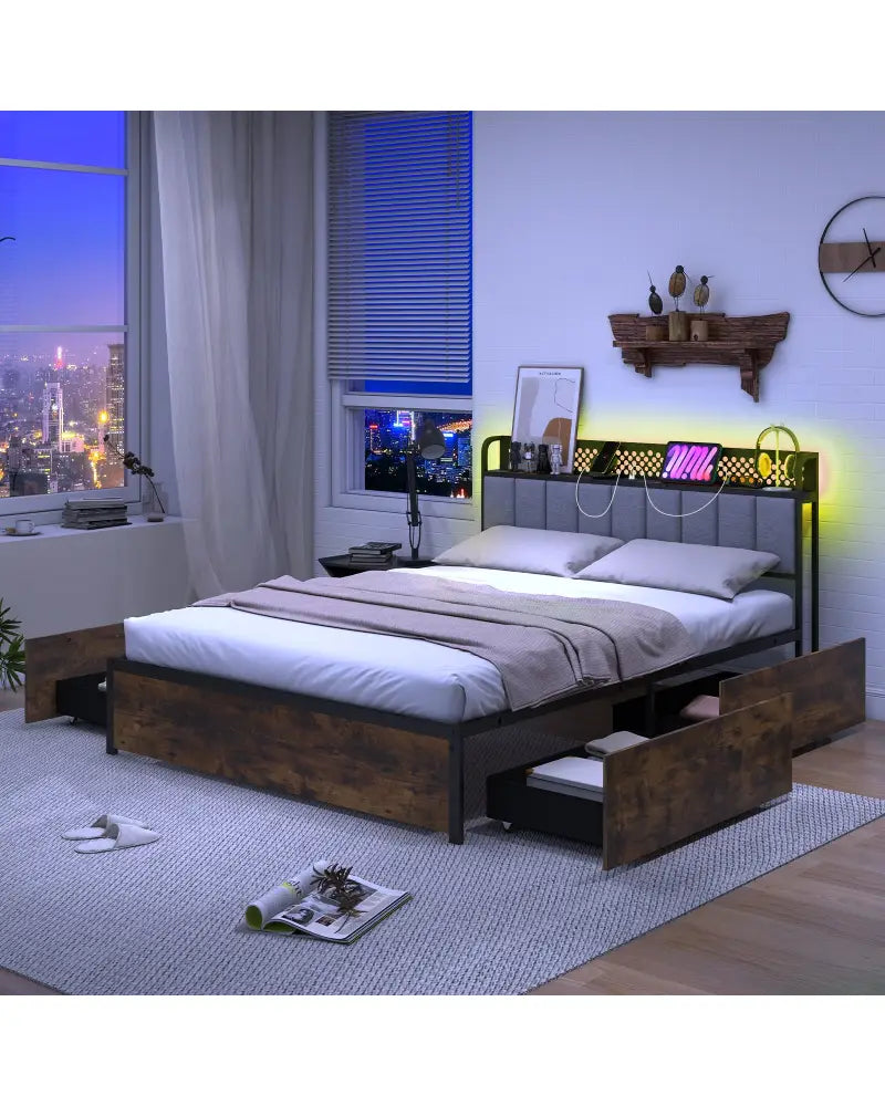 Twin/Full/Queen Bed Frame with LED Lights Upholstered Headboard and 4 Storage Drawers-Full Size - Simple Bed Frame