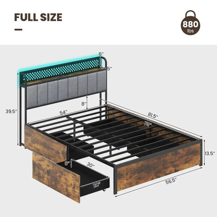 Twin/Full/Queen Bed Frame with LED Lights Upholstered Headboard and 4 Storage Drawers-Full Size - Simple Bed Frame