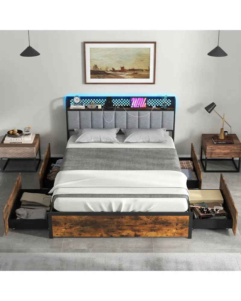 Twin/Full/Queen Bed Frame with LED Lights Upholstered Headboard and 4 Storage Drawers-Queen Size - Simple Bed Frame