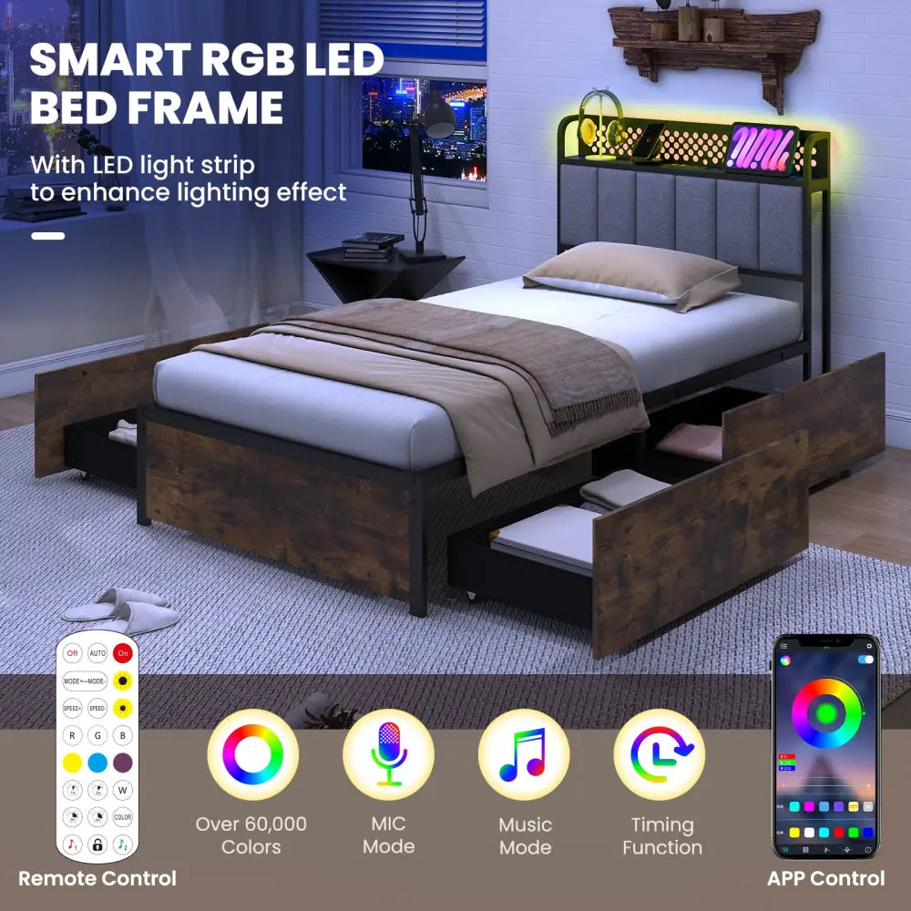 Twin/Full/Queen Bed Frame with LED Lights Upholstered Headboard and 4 Storage Drawers-Twin size - Simple Bed Frame