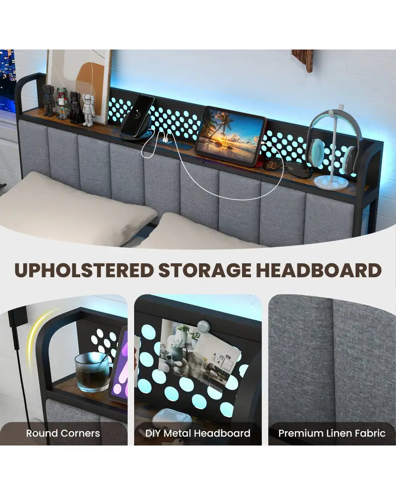Twin/Full/Queen Bed Frame with LED Lights Upholstered Headboard and 4 Storage Drawers-Queen Size - Simple Bed Frame