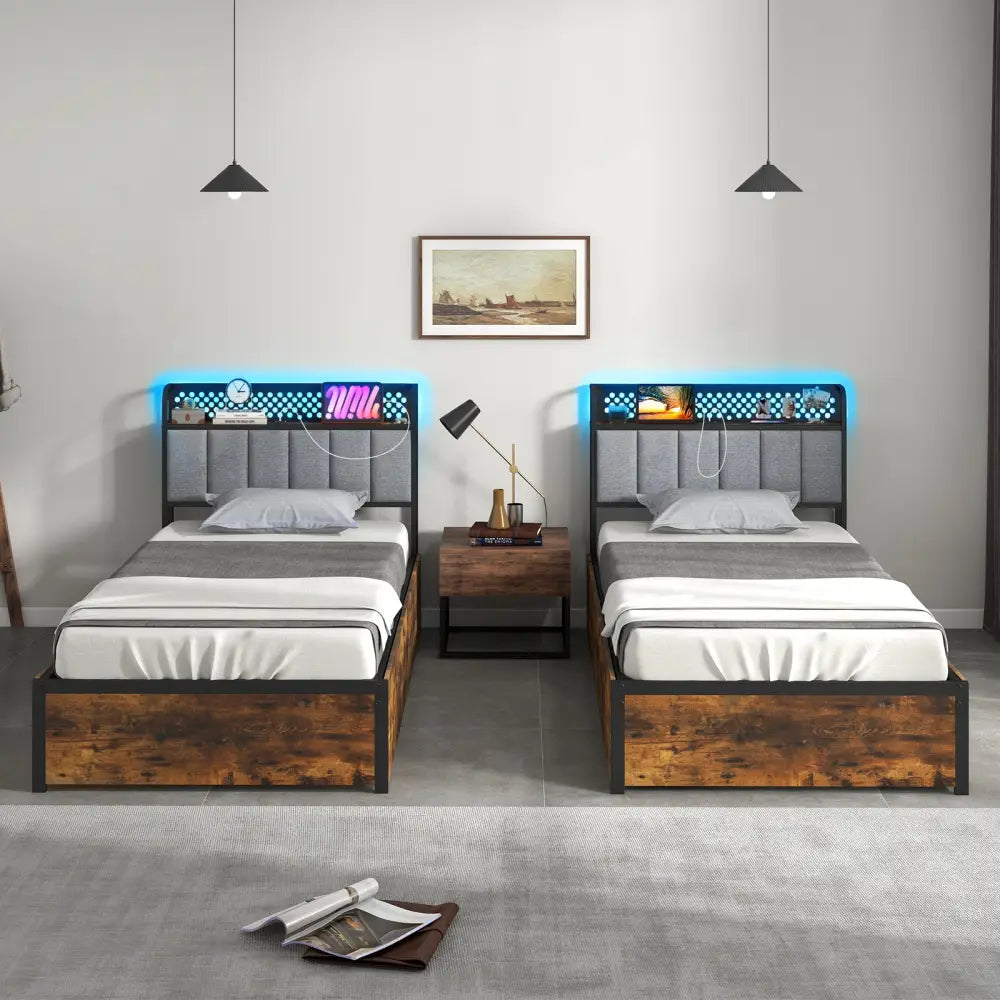 Twin/Full/Queen Bed Frame with LED Lights Upholstered Headboard and 4 Storage Drawers-Twin size - Simple Bed Frame