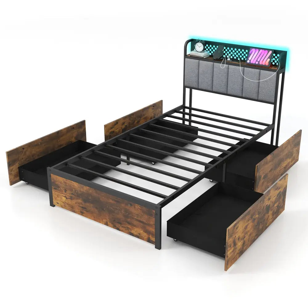 Twin/Full/Queen Bed Frame with LED Lights Upholstered Headboard and 4 Storage Drawers-Twin size - Simple Bed Frame