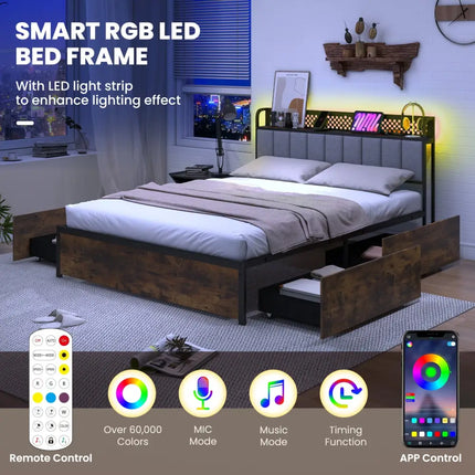 Twin/Full/Queen Bed Frame with LED Lights Upholstered Headboard and 4 Storage Drawers-Full Size - Simple Bed Frame