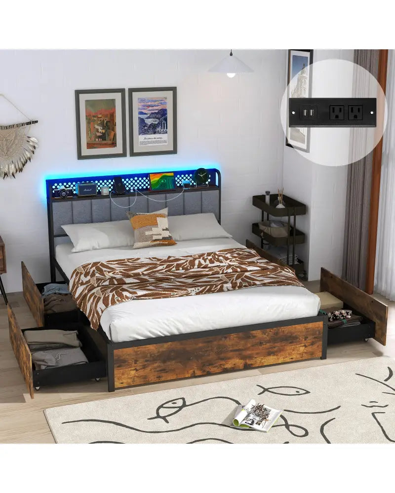 Twin/Full/Queen Bed Frame with LED Lights Upholstered Headboard and 4 Storage Drawers-Full Size - Simple Bed Frame