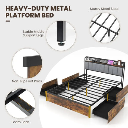 Twin/Full/Queen Bed Frame with LED Lights Upholstered Headboard and 4 Storage Drawers-Full Size - Simple Bed Frame