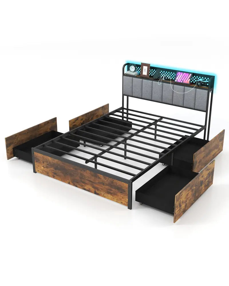 Twin/Full/Queen Bed Frame with LED Lights Upholstered Headboard and 4 Storage Drawers-Full Size - Simple Bed Frame
