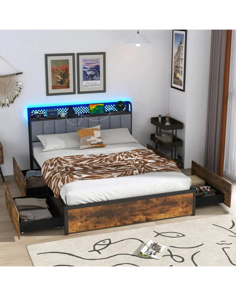 Twin/Full/Queen Bed Frame with LED Lights Upholstered Headboard and 4 Storage Drawers-Full Size - Simple Bed Frame