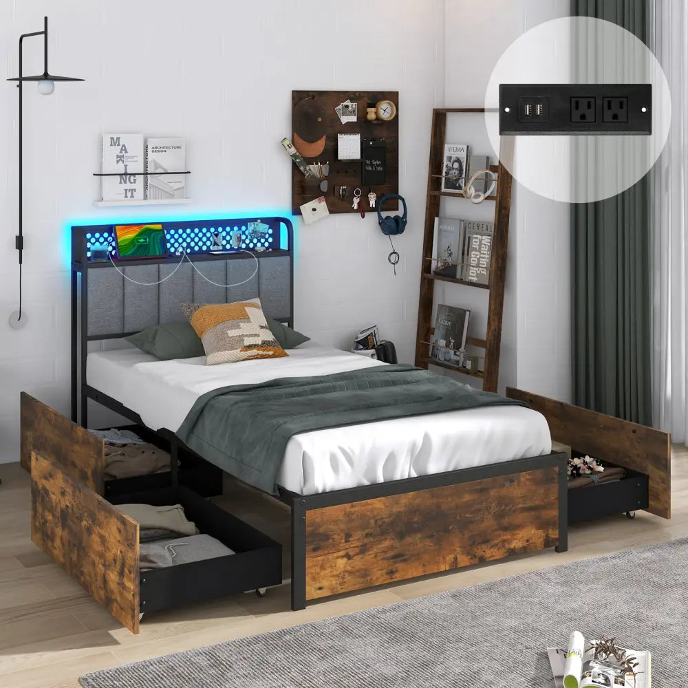 Twin/Full/Queen Bed Frame with LED Lights Upholstered Headboard and 4 Storage Drawers-Twin size - Simple Bed Frame